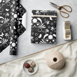 Papel De Regalo Elegante Damask Gótico Negro Floral Mariposa