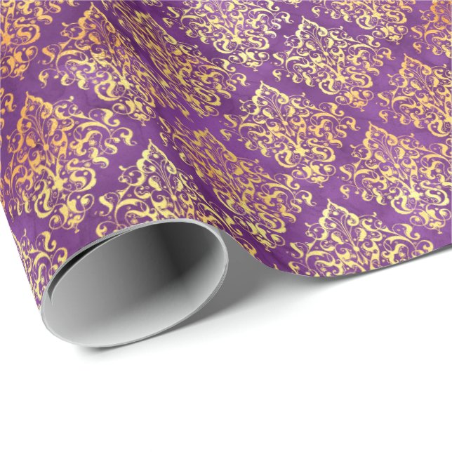 Papel De Regalo Elegante Damask Halloween Spell Gold Purple Patter (Esquina del rollo)