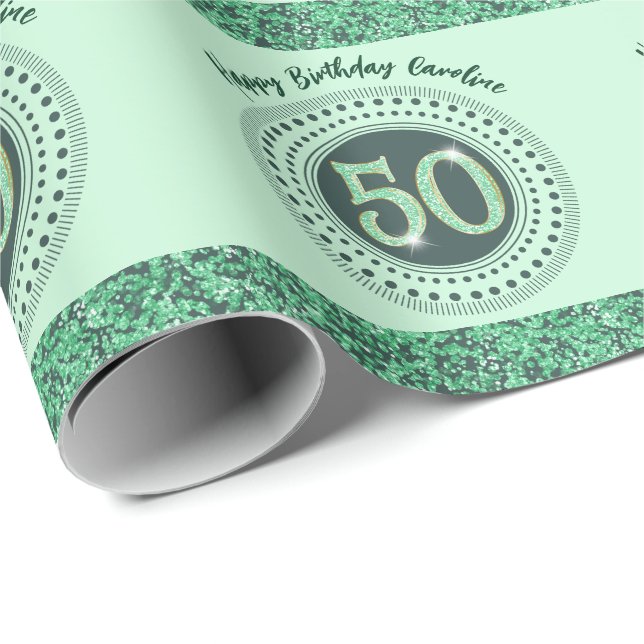 Papel de regalo elegante de cumpleaños 50 verde co (Esquina del rollo)