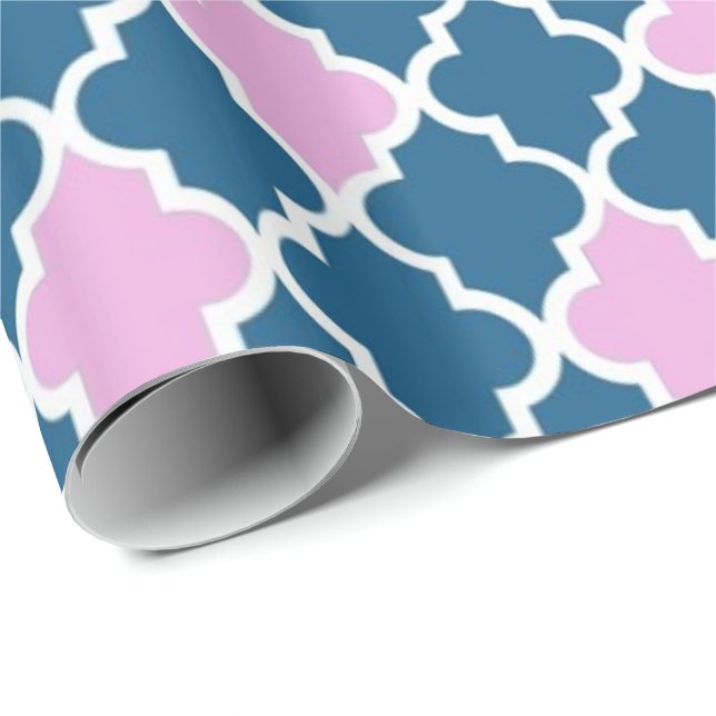 Papel De Regalo Elegante, de moda azul marino, con quatrefoil rosa (Esquina del rollo)