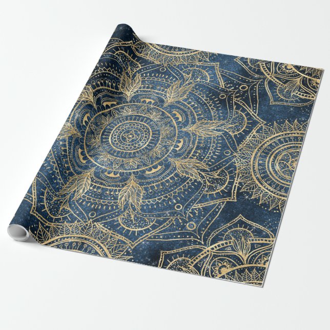 Papel De Regalo Elegante diseño dorado Mandala azul brillante (Desenrollado)