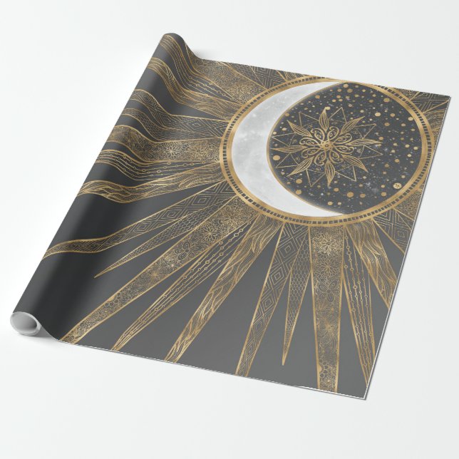Papel De Regalo Elegante Doodles dorados Sun Moon Mandala Diseño (Desenrollado)