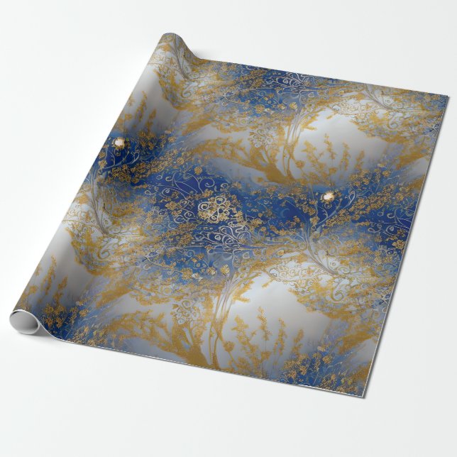 Papel De Regalo Elegante dorado azul y cuentas claras (Desenrollado)
