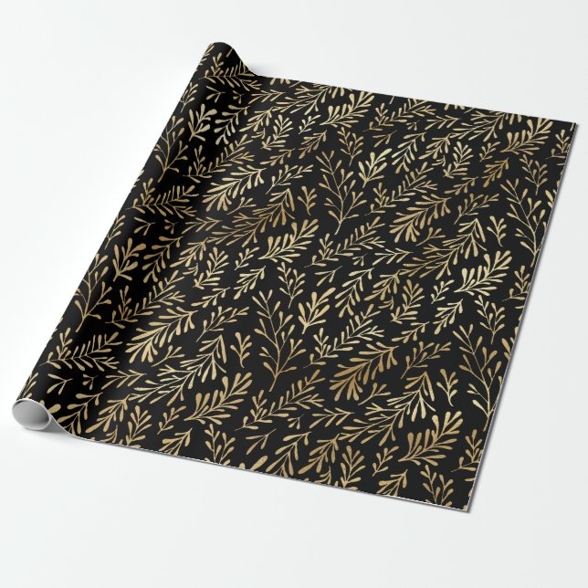 Papel De Regalo Elegante dorado negro Shimmer hoja botánica Cumple (Desenrollado)