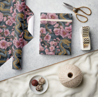 Papel De Regalo Elegante dragón y fantasía de flor de cerezo rosa