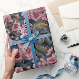 Papel De Regalo Elegante dragón y fantasía de flor de cerezo rosa