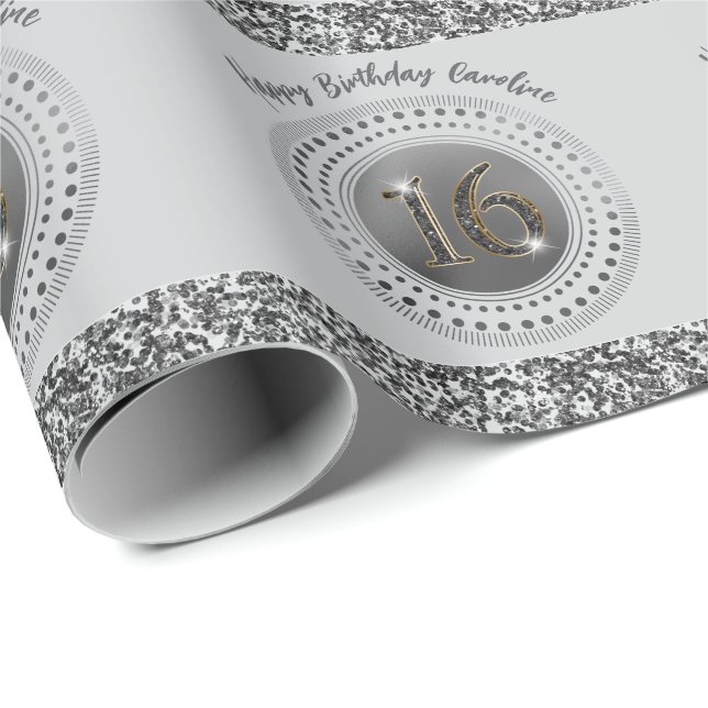 Papel De Regalo Elegante dulce 16 cumpleaños, Purpurina negro y ra (Esquina del rollo)