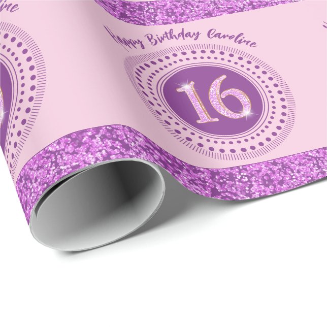 Papel De Regalo Elegante dulce 16 cumpleaños, Purpurina rosado y r (Esquina del rollo)