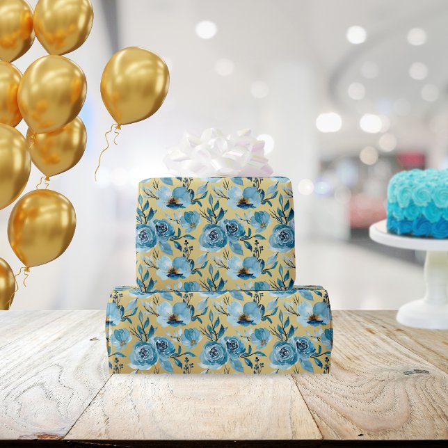 Papel De Regalo Elegante Dusty Blue Gold Floral acuarela (Subido por el creador)