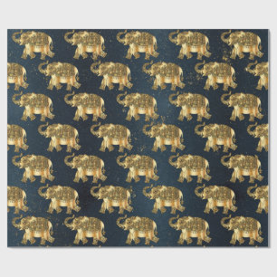 Papel De Regalo Elegante Elefante Floral de Paisley Gold, Azul osc