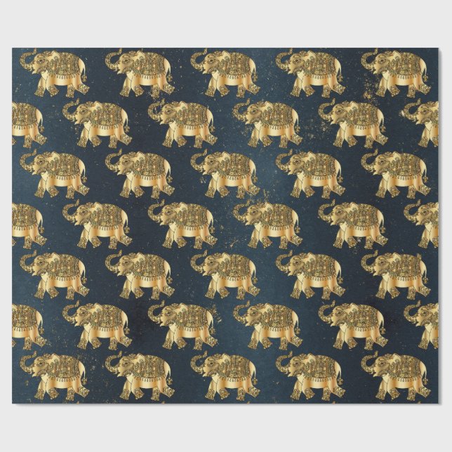 Papel De Regalo Elegante Elefante Floral de Paisley Gold, Azul osc (Superficie plana)