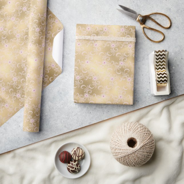 Papel De Regalo Elegante encaje floral rosa y dorado (Artesanía)