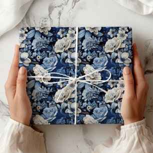 Papel De Regalo Elegante Envoltura de Lujo Floral Azul Marfil Blan