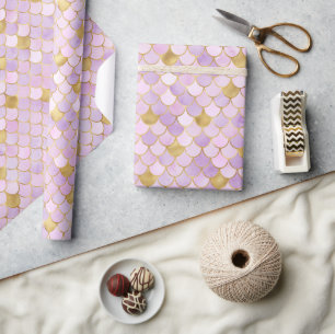 Papel De Regalo Elegante escamas de sirena doradas y hoja de púrpu