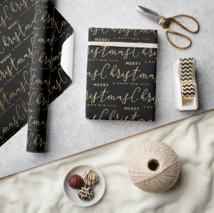 Papel De Regalo Elegante escritura en negro y dorado Feliz Navidad