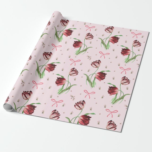 Papel De Regalo Elegante Estampado Floral de Tulipanes con Lazos R (Desenrollado)