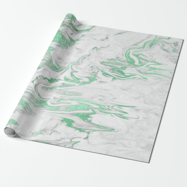 Papel De Regalo Elegante estilo moderno de mármol blanco y verde (Desenrollado)