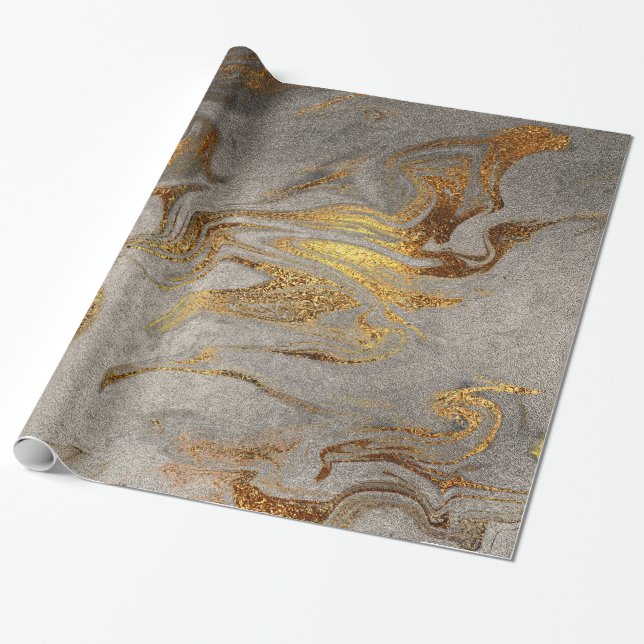 Papel De Regalo Elegante estilo moderno de mármol dorado plateado (Desenrollado)