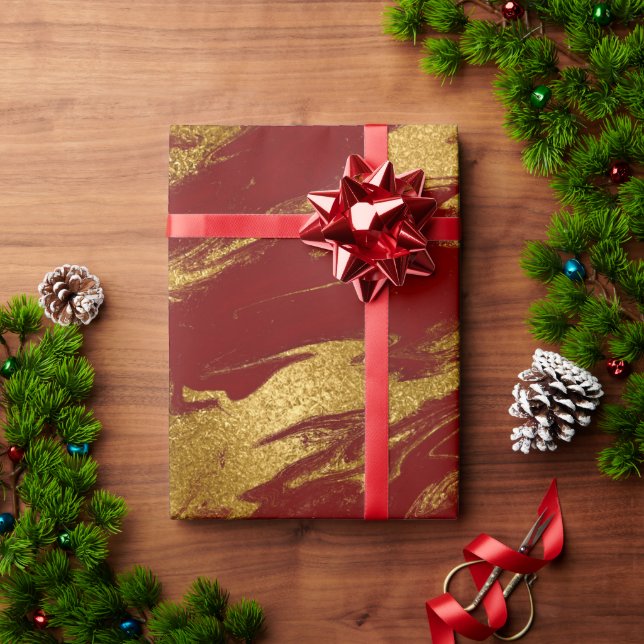 Papel De Regalo Elegante estilo moderno dorado y mármol rojo (Regalo de vacaciones)