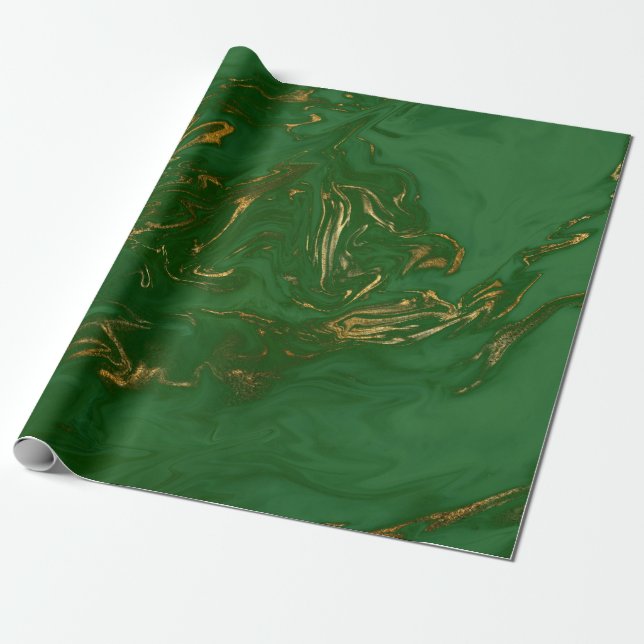 Papel De Regalo Elegante estilo moderno dorado y mármol verde (Desenrollado)