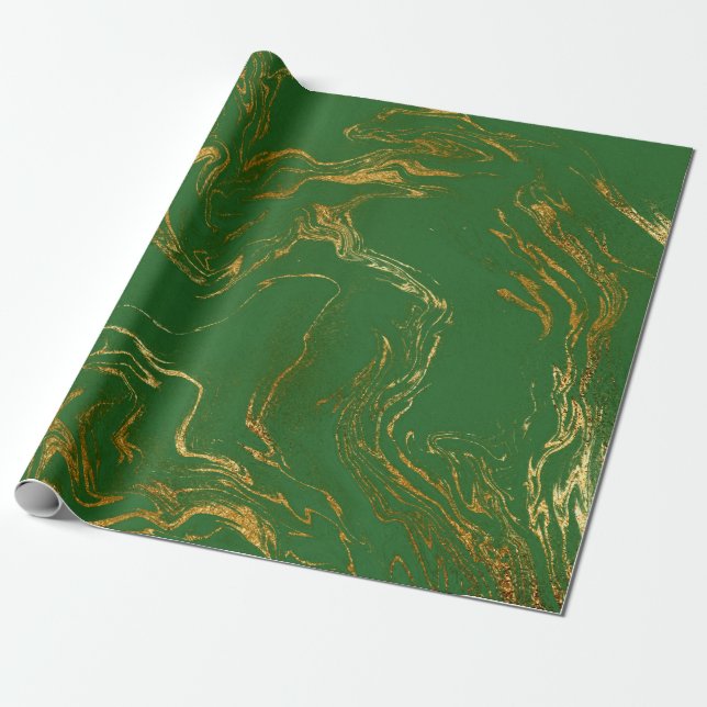 Papel De Regalo Elegante estilo moderno dorado y mármol verde (Desenrollado)