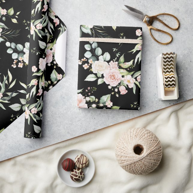 Papel De Regalo Elegante Eucalipto Rosa Rubor Negro (Artesanía)