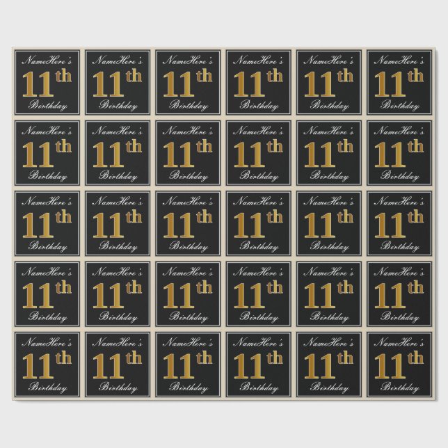 Papel De Regalo Elegante, Faux Gold 11th Birthday + Nombre persona (Superficie plana)