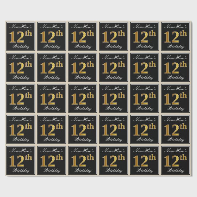 Papel De Regalo Elegante, Faux Gold 12th Birthday + Nombre persona (Superficie plana)