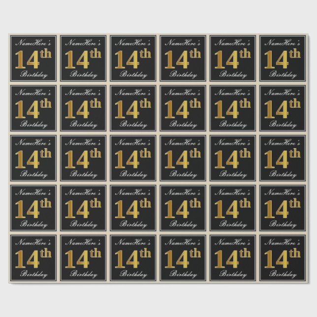 Papel De Regalo Elegante, Faux Gold 14th Birthday + Nombre persona (Superficie plana)