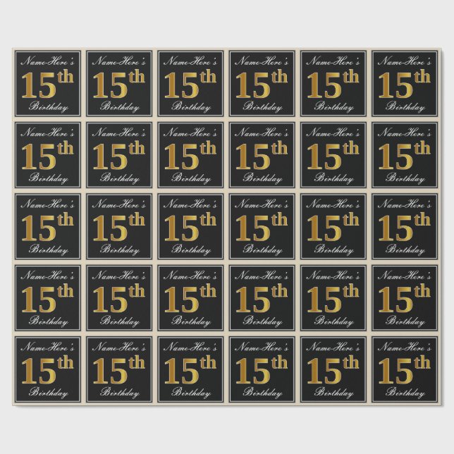 Papel De Regalo Elegante, Faux Gold 15th Birthday + Nombre persona (Superficie plana)