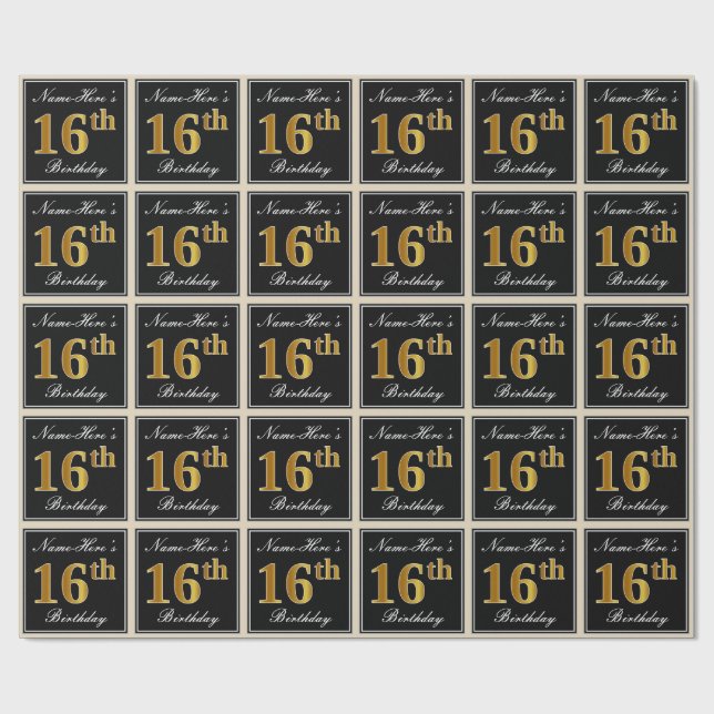 Papel De Regalo Elegante, Faux Gold 16th Birthday + Nombre persona (Superficie plana)