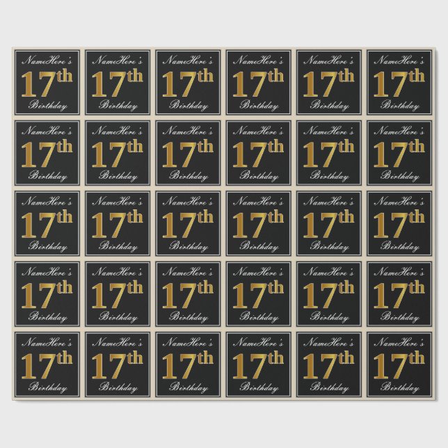 Papel De Regalo Elegante, Faux Gold 17th Birthday + Nombre persona (Superficie plana)