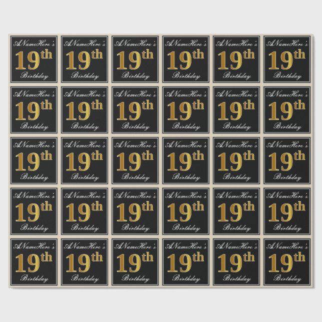 Papel De Regalo Elegante, Faux Gold 19th Birthday + Nombre persona (Superficie plana)