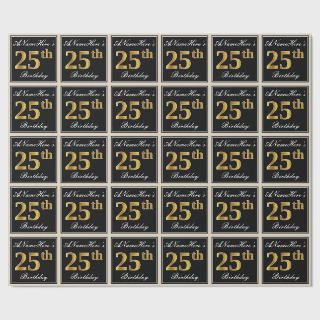 Papel De Regalo Elegante, Faux Gold 25th Birthday + Nombre persona (Superficie plana)