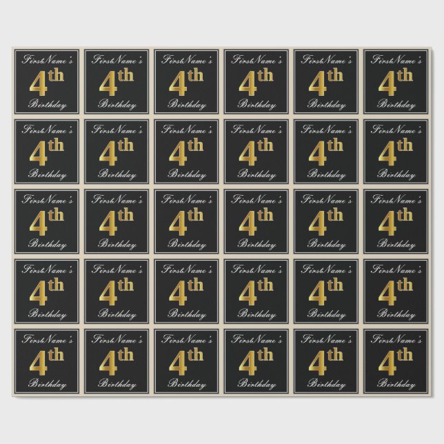 Papel De Regalo Elegante, Faux Gold 4º cumpleaños + Nombre persona (Superficie plana)