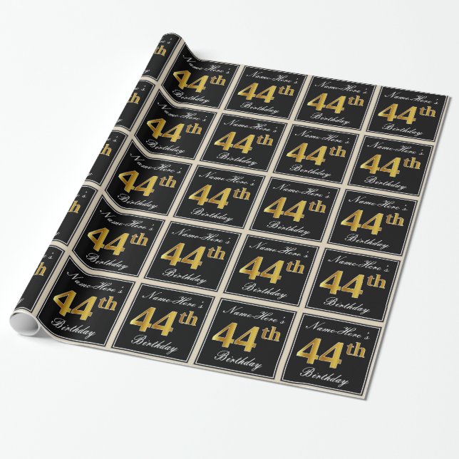 Papel De Regalo Elegante, Faux Gold 44th Birthday + Nombre persona (Desenrollado)
