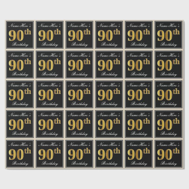 Papel De Regalo Elegante, Faux Gold 90th Birthday + Nombre persona (Superficie plana)