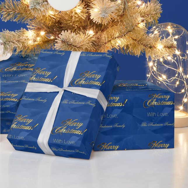 Papel De Regalo Elegante Faux Gold Script Feliz Navidad Azul (Vacaciones)