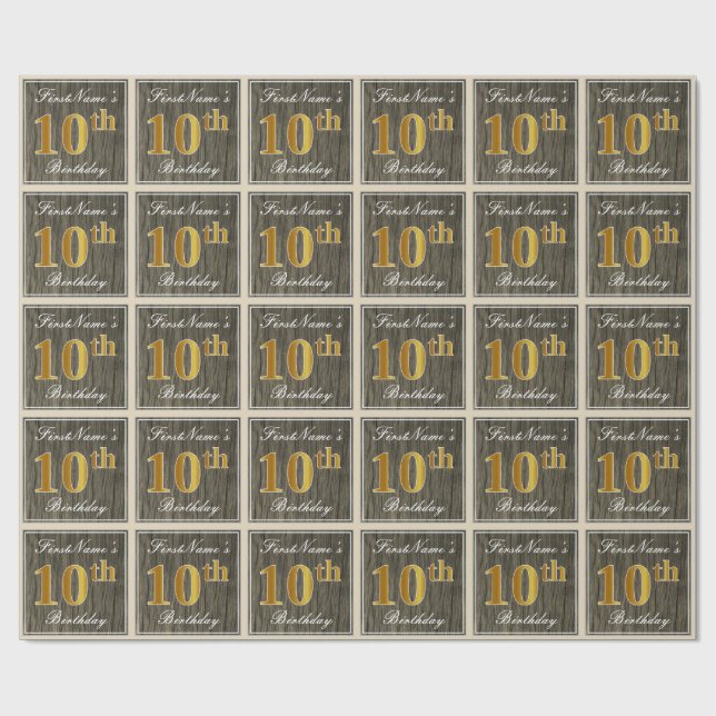 Papel De Regalo Elegante, Faux Wood, Faux Gold 10 cumpleaños + nom (Superficie plana)