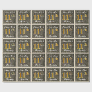Papel De Regalo Elegante, Faux Wood, Faux Gold 11th Birthday + Nam