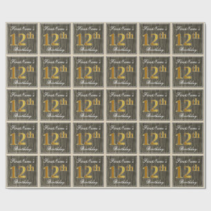 Papel De Regalo Elegante, Faux Wood, Faux Gold 12th Birthday + Nam