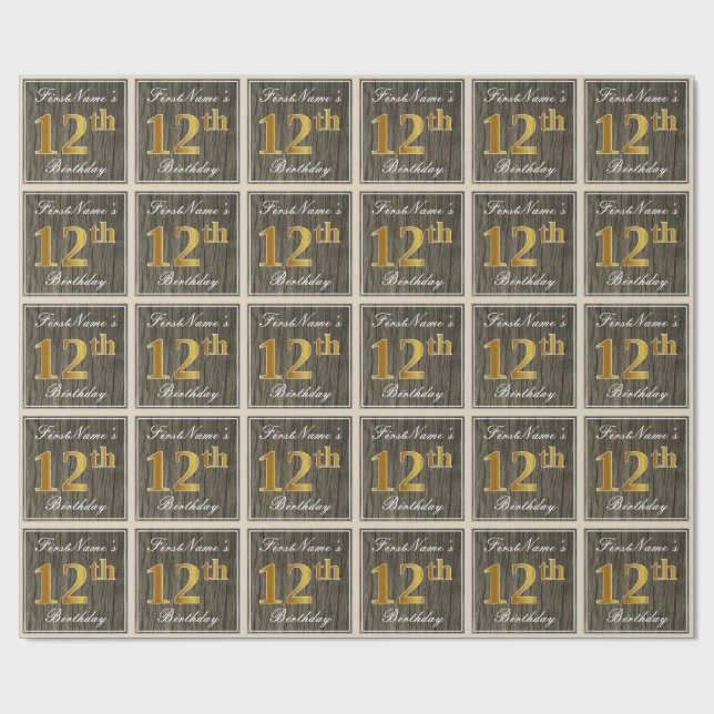 Papel De Regalo Elegante, Faux Wood, Faux Gold 12th Birthday + Nam (Superficie plana)