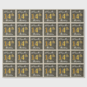 Papel De Regalo Elegante, Faux Wood, Faux Gold 14th Birthday + Nam