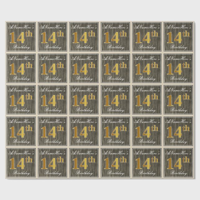 Papel De Regalo Elegante, Faux Wood, Faux Gold 14th Birthday + Nam (Superficie plana)