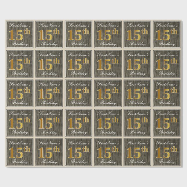 Papel De Regalo Elegante, Faux Wood, Faux Gold 15th Birthday + Nam (Superficie plana)
