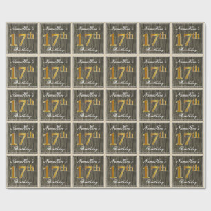 Papel De Regalo Elegante, Faux Wood, Faux Gold 17th Birthday + Nam