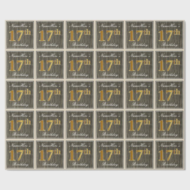 Papel De Regalo Elegante, Faux Wood, Faux Gold 17th Birthday + Nam (Superficie plana)