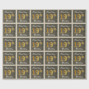 Papel De Regalo Elegante, Faux Wood, Faux Gold 19th Birthday + Nam
