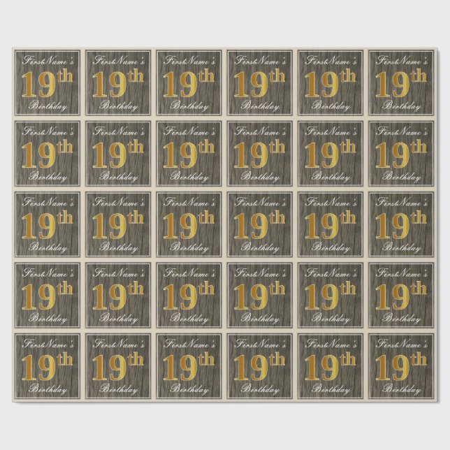 Papel De Regalo Elegante, Faux Wood, Faux Gold 19th Birthday + Nam (Superficie plana)