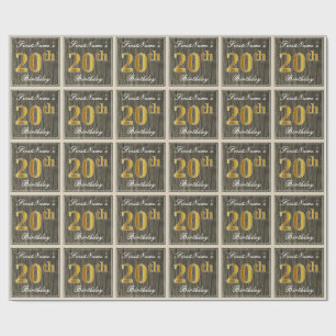 Papel De Regalo Elegante, Faux Wood, Faux Gold 20th Birthday + Nom